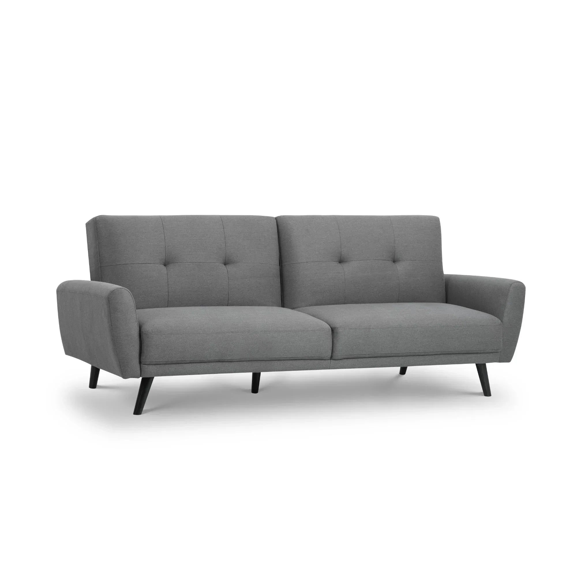 Grey fabric sofabed with tufted backrest and angled legs on white background