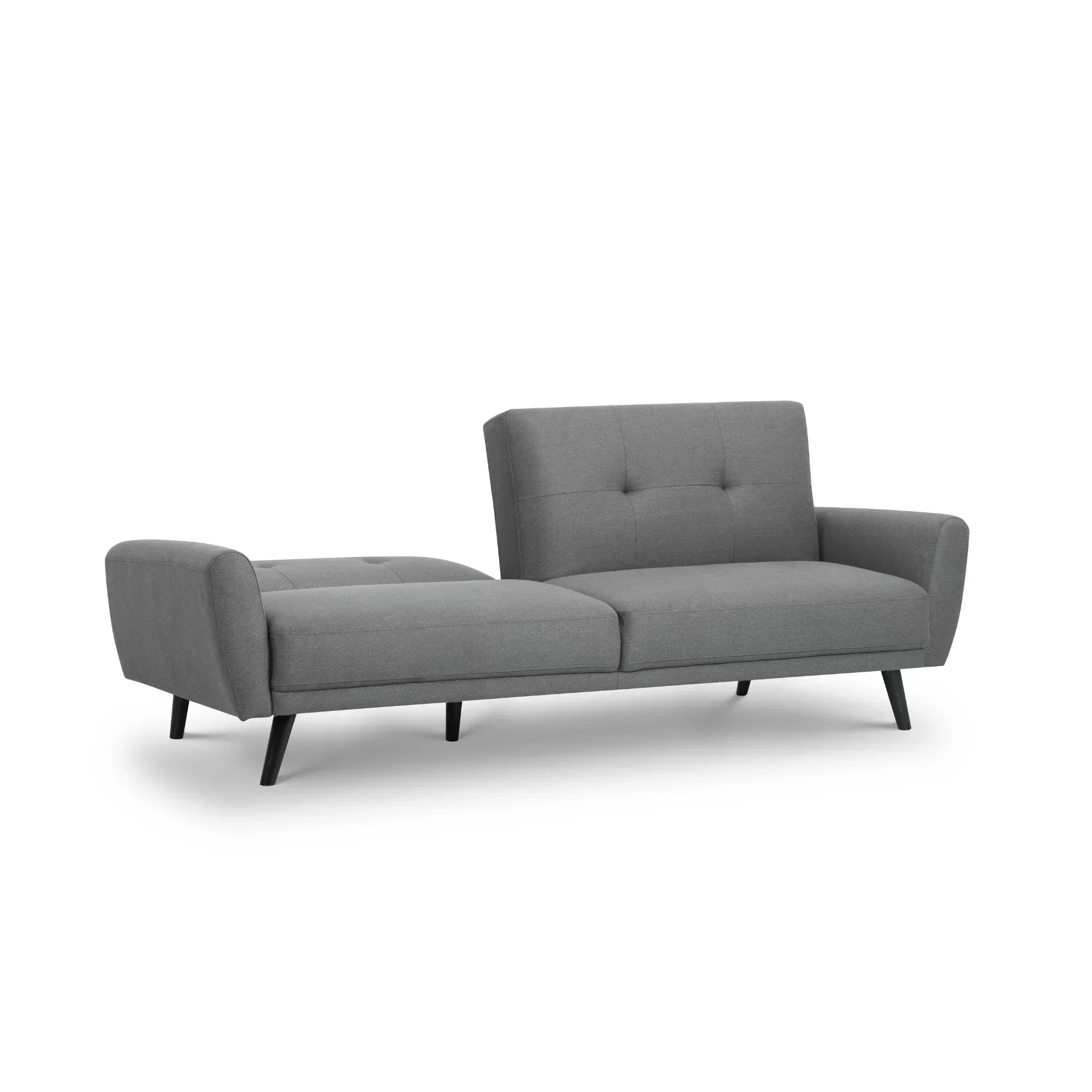 Grey fabric sofabed with angled black legs shown in extended sleeping position