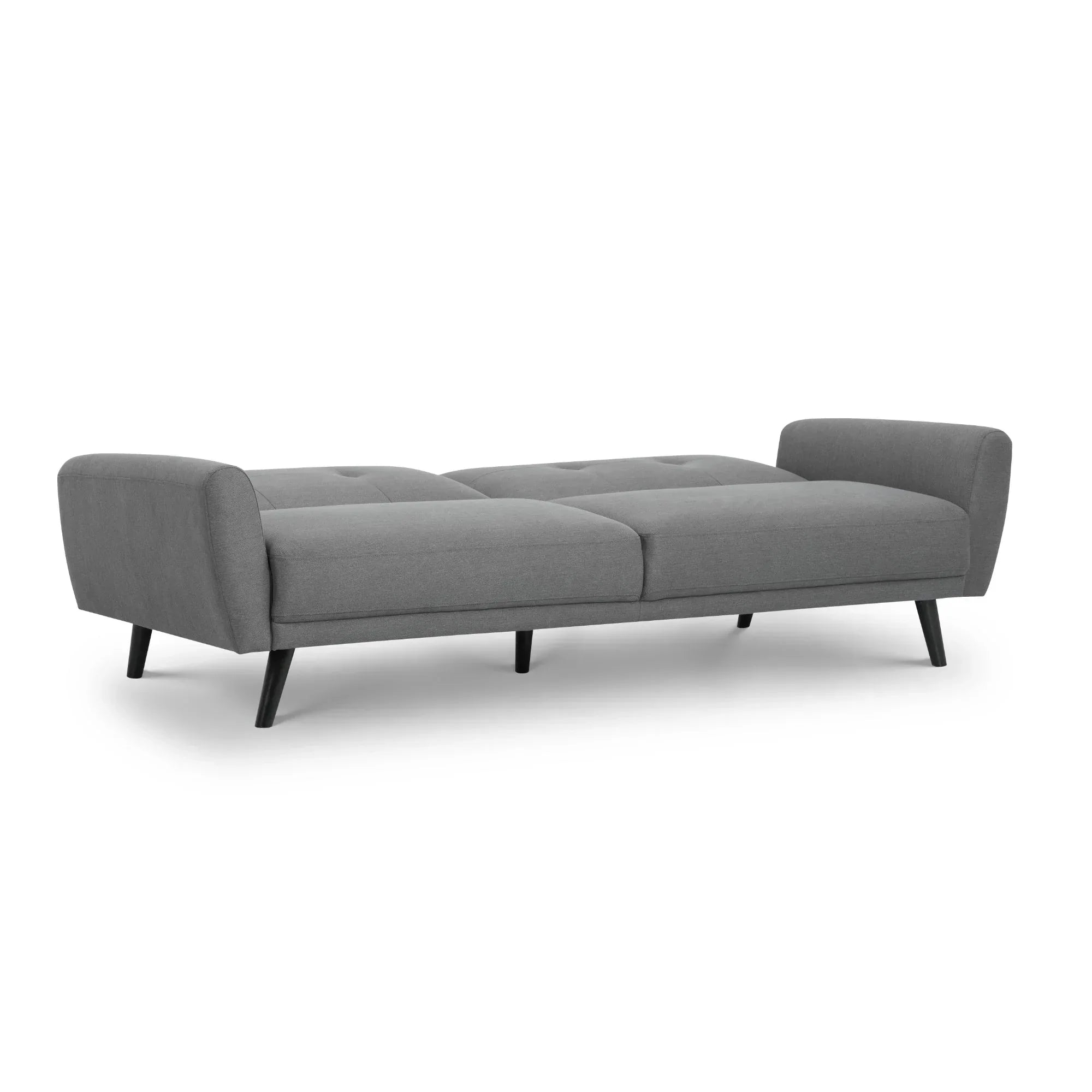 Grey fabric sofabed with low arms and black angled legs, shown fully extended