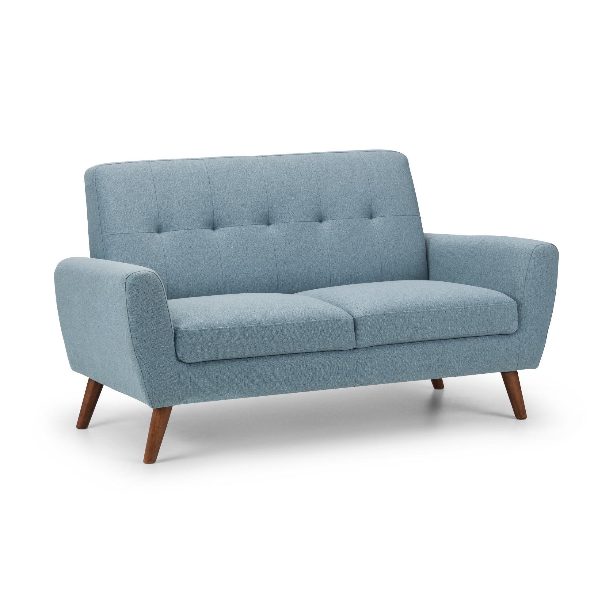 Monza blue 2 seater sofa with wooden legs and tufted backrest on white background