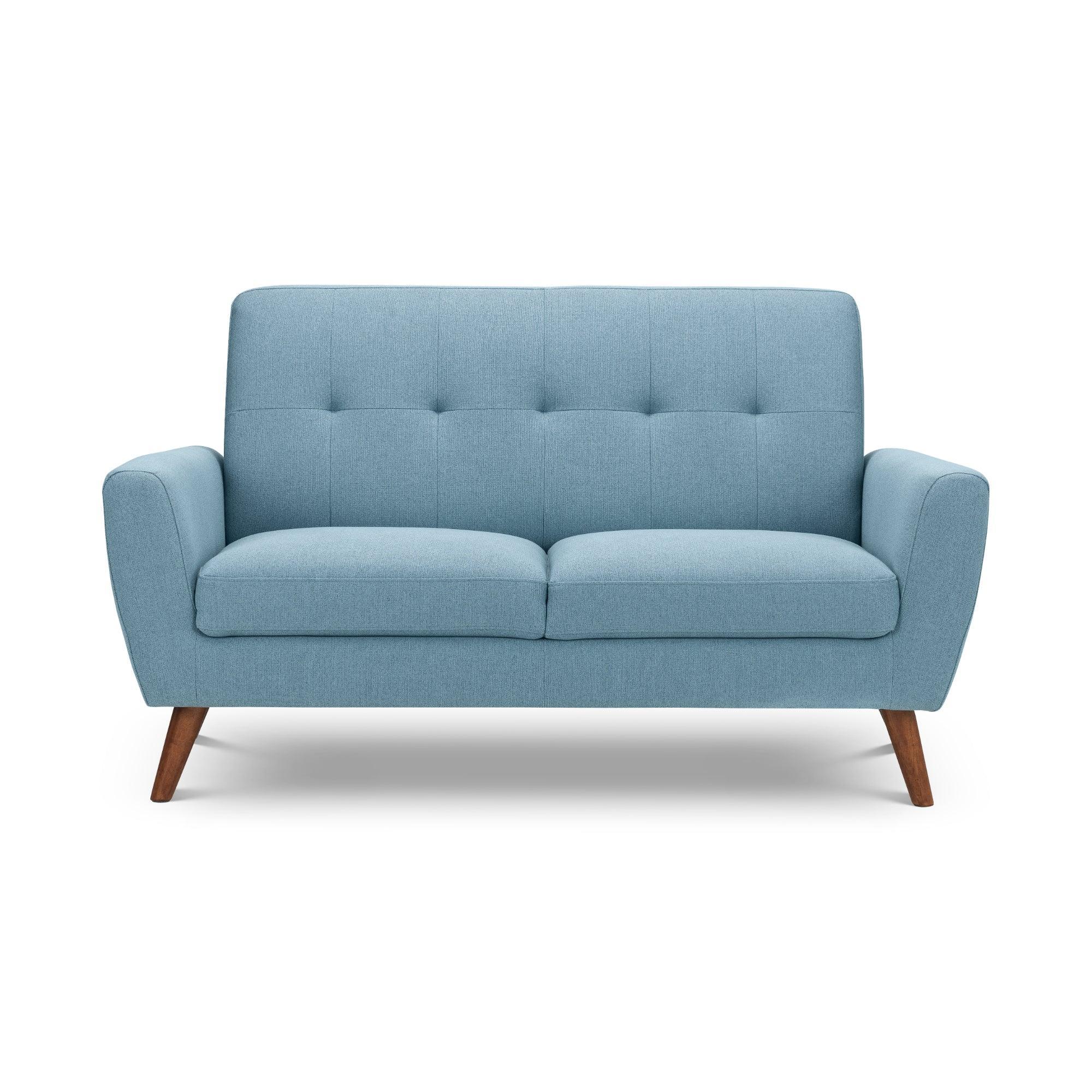 Blue 2 seater sofa with button-tufted back and wooden legs, front view on white background