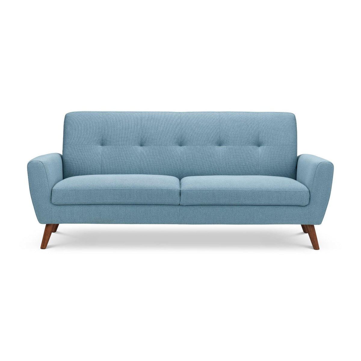 Monza blue three seater sofa with wooden legs and tufted backrest, front view