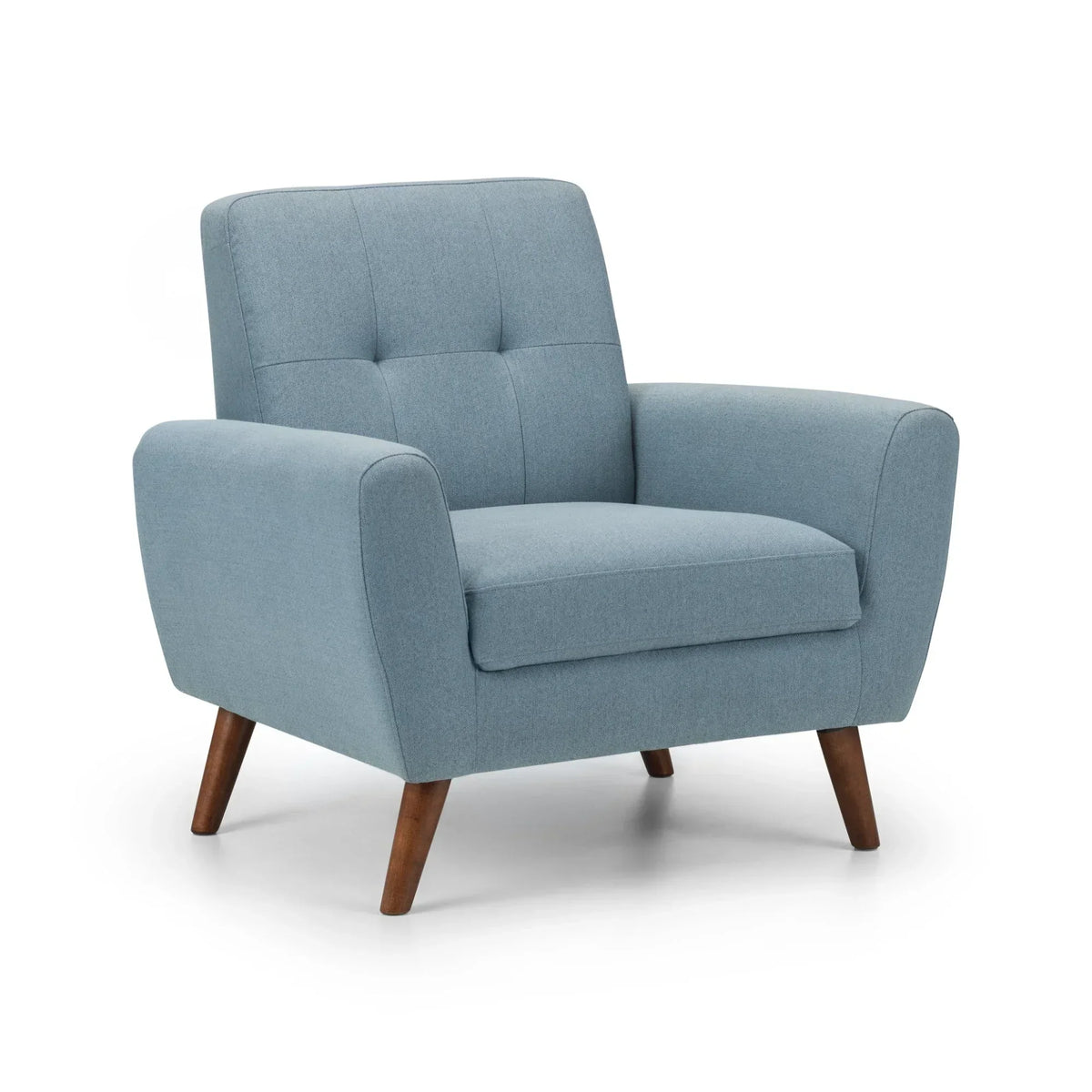 Monza blue chair with fabric upholstery and angled wooden legs, front angled view