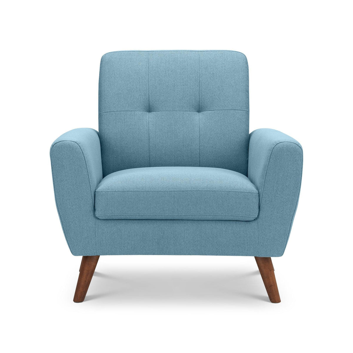 Monza blue armchair with fabric upholstery and wooden legs, front view