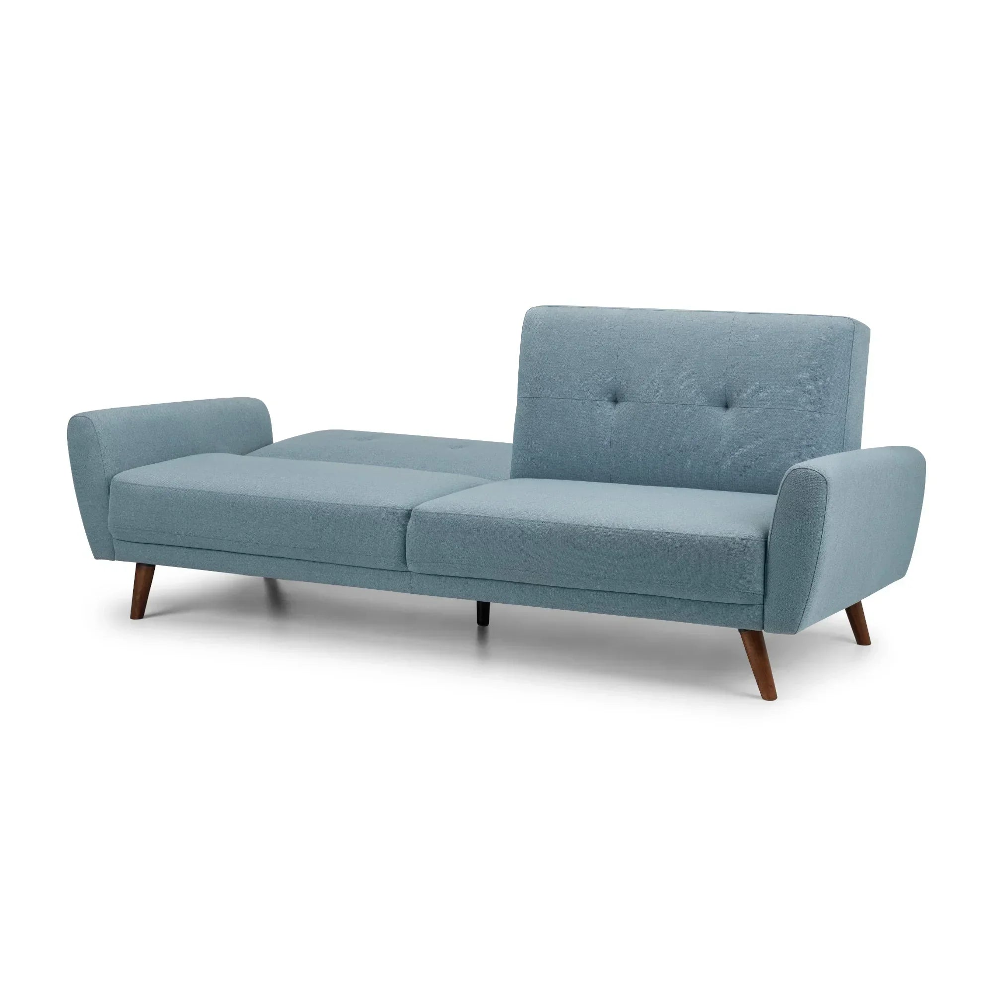 Monza blue sofabed with mid-century legs and tufted backrest in open bed position