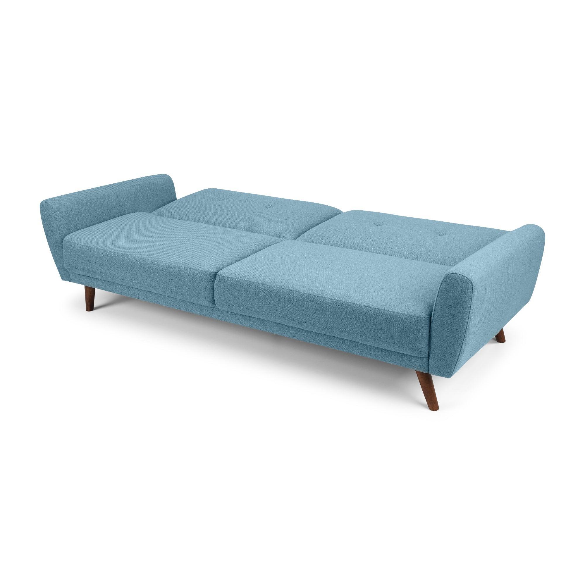 Monza blue sofabed with clean lines and angled wooden legs fully extended