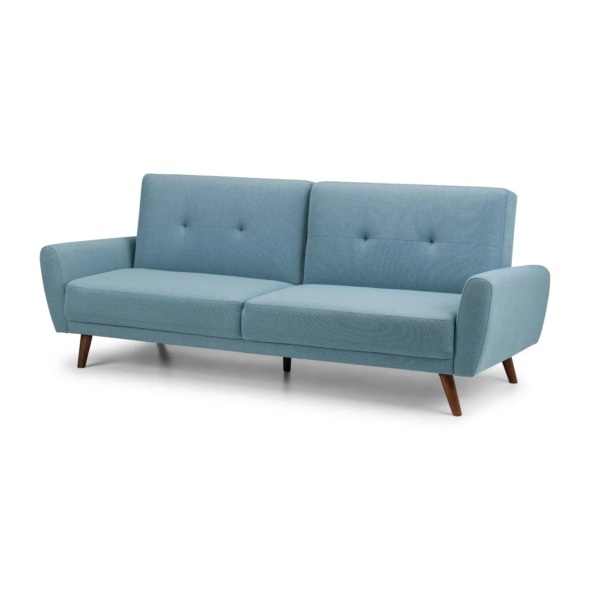 Monza blue sofabed with button-tufted backrest and angled wooden legs on white background