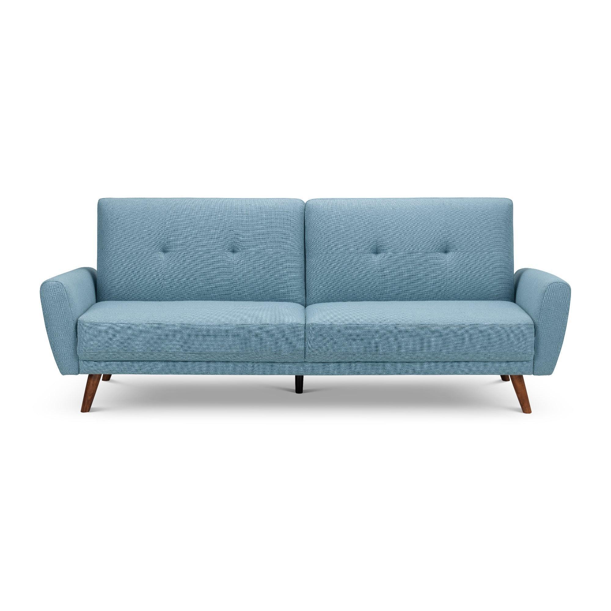 Monza blue sofabed with buttoned backrest and angled wooden legs, front view on white