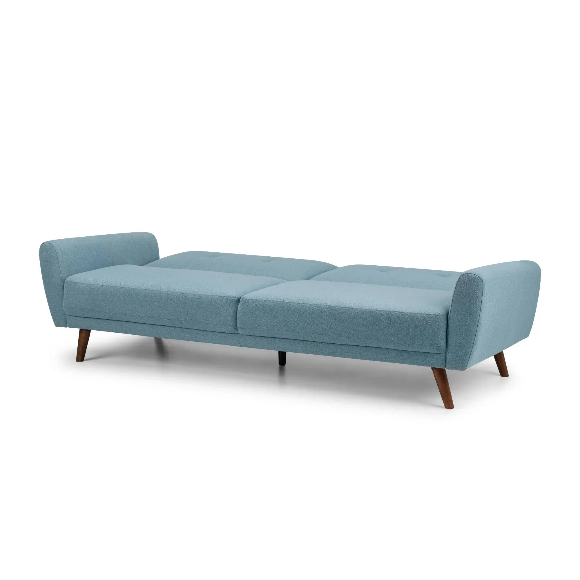 Monza blue sofabed extended with angled wooden legs on white background