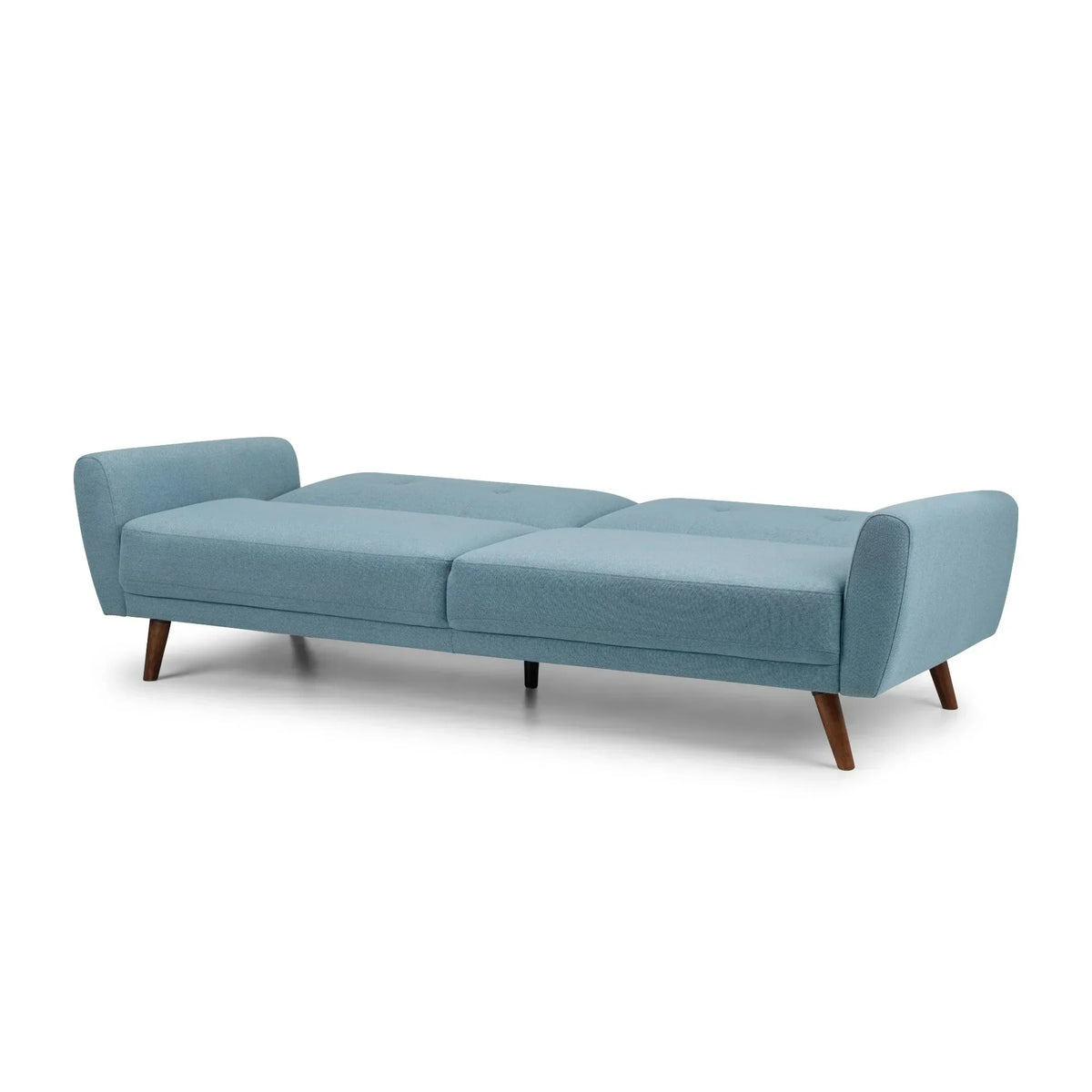 Monza blue sofabed extended with angled wooden legs on white background