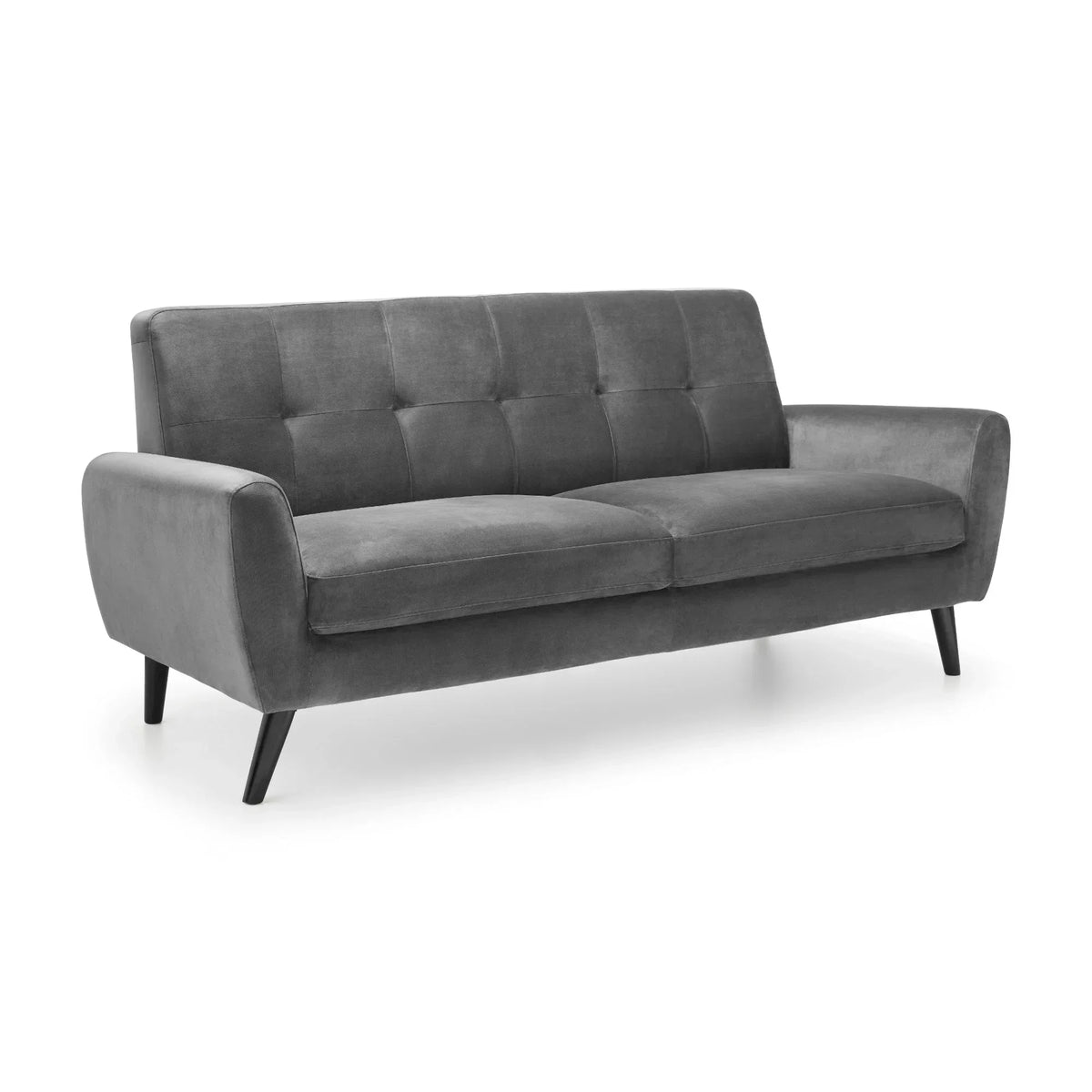 Monza grey velvet 3 seater sofa with tufted back and angled wooden legs on white background