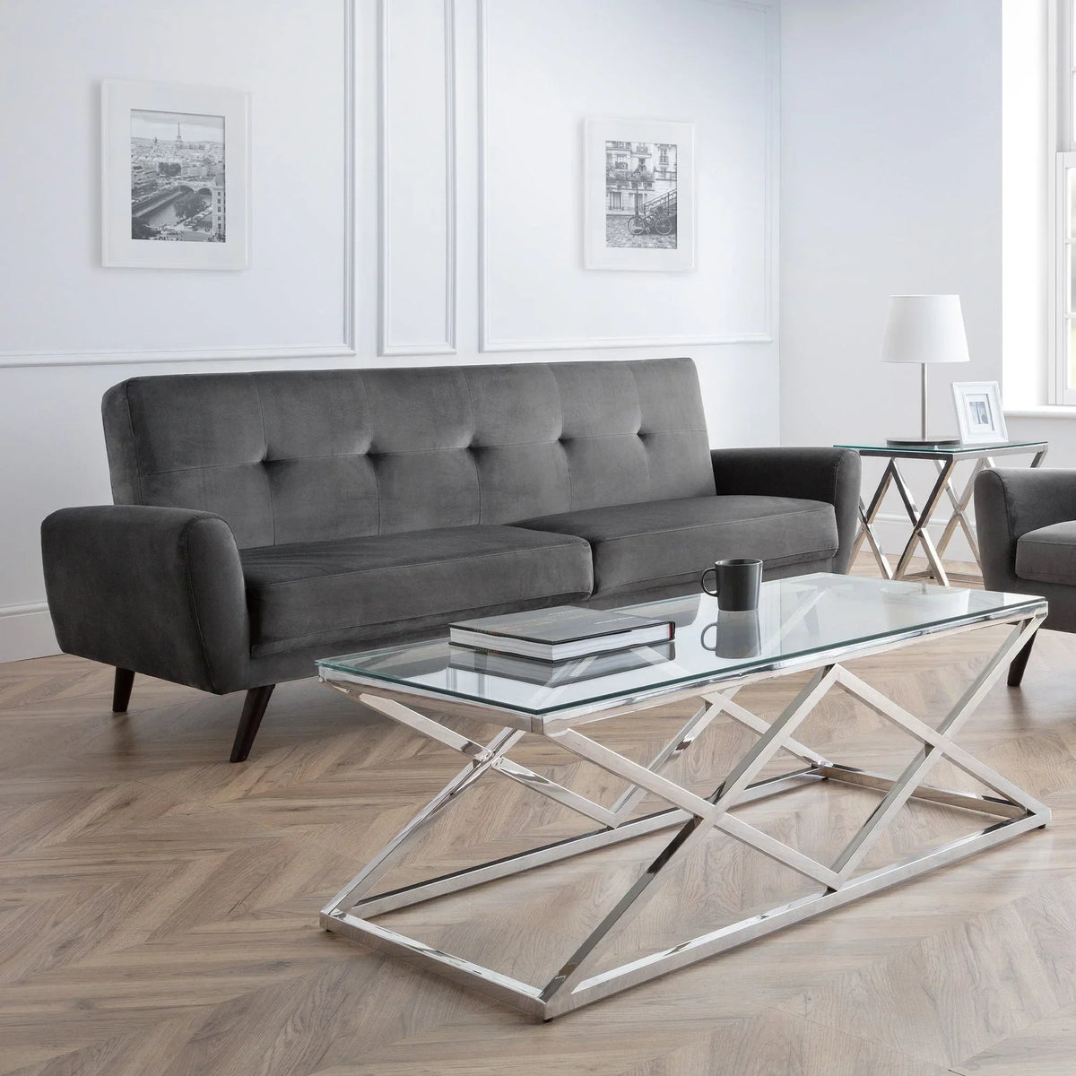 Monza grey velvet 3 seater sofa in modern living room with glass coffee table