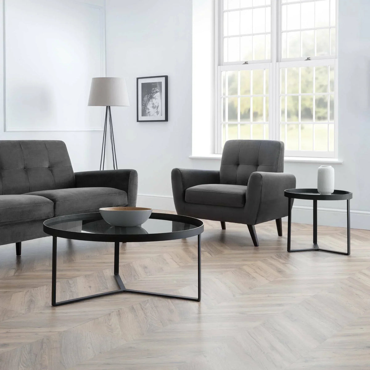 Monza grey velvet 3 seater sofa and chair set with smoked glass coffee and side tables in living room