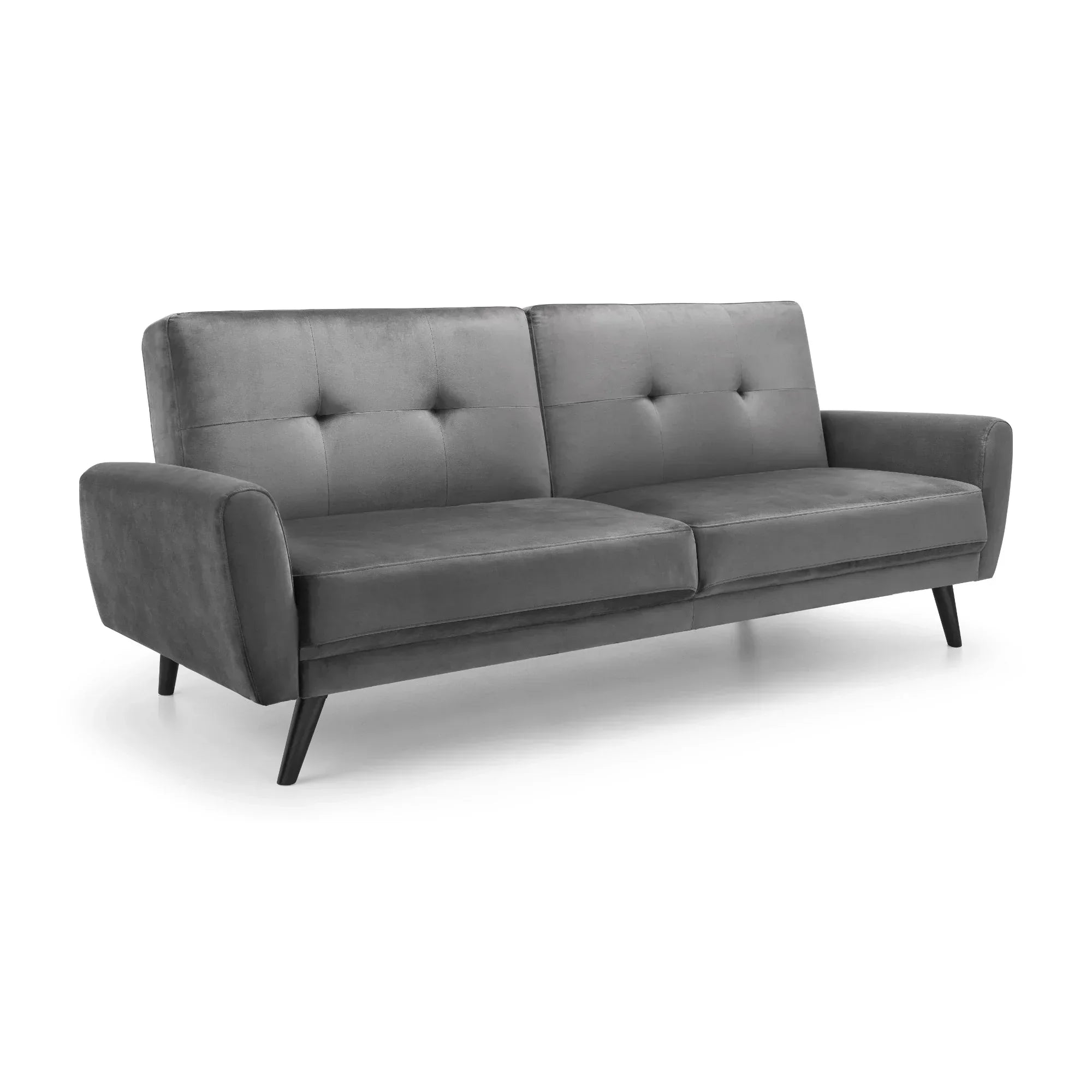 Grey velvet sofabed with tufted backrest, angled legs, and slim armrests on white background