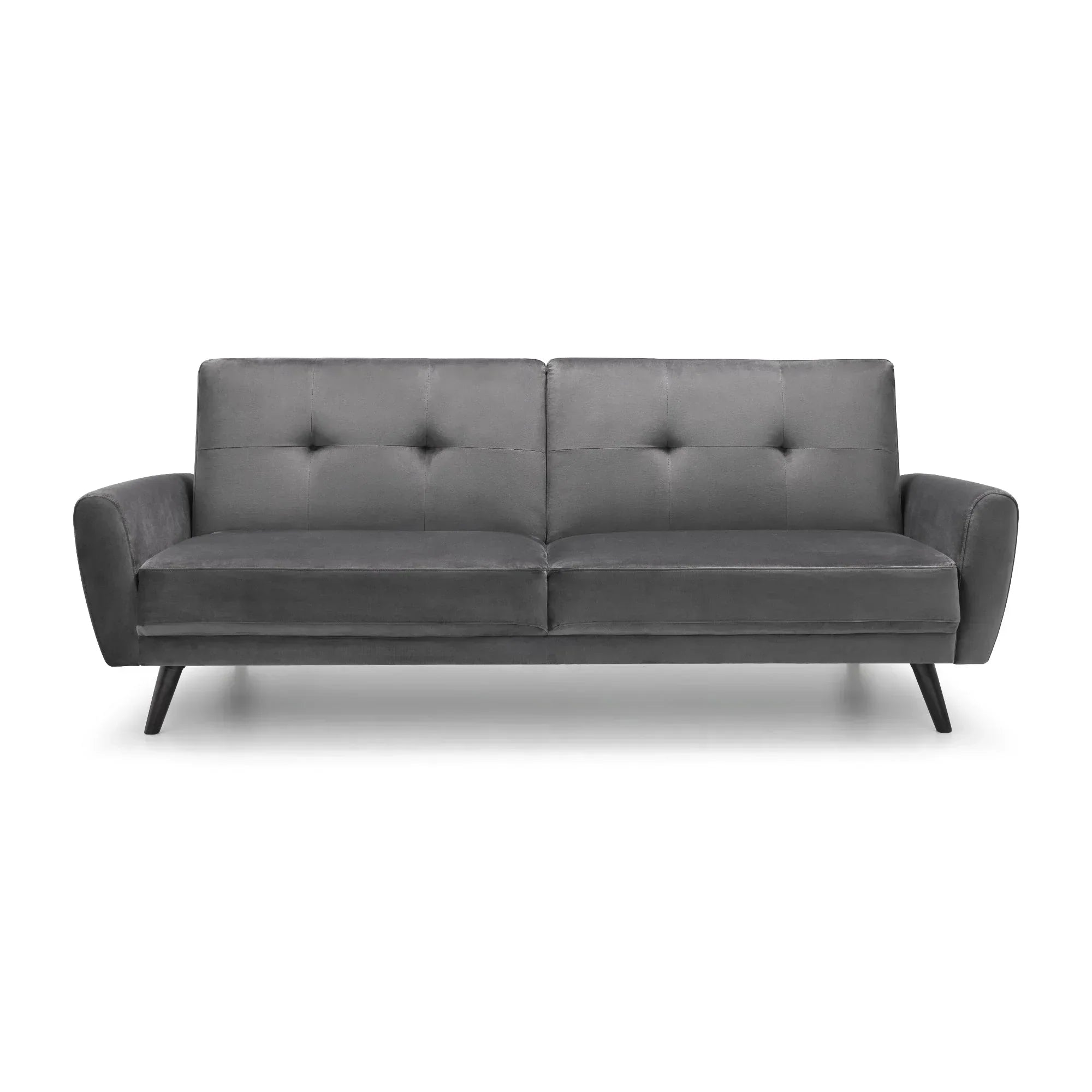 Grey velvet sofabed with button-tufted cushions and angled wooden legs, front view