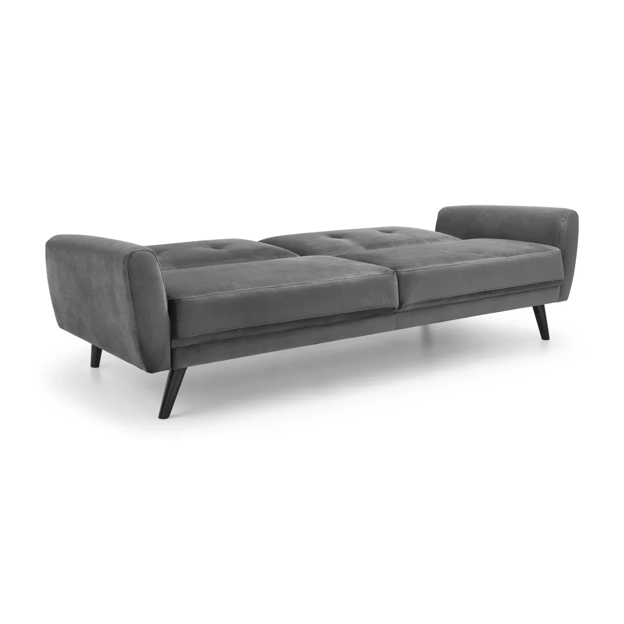 Monza grey velvet sofabed extended to flat position with angled black legs