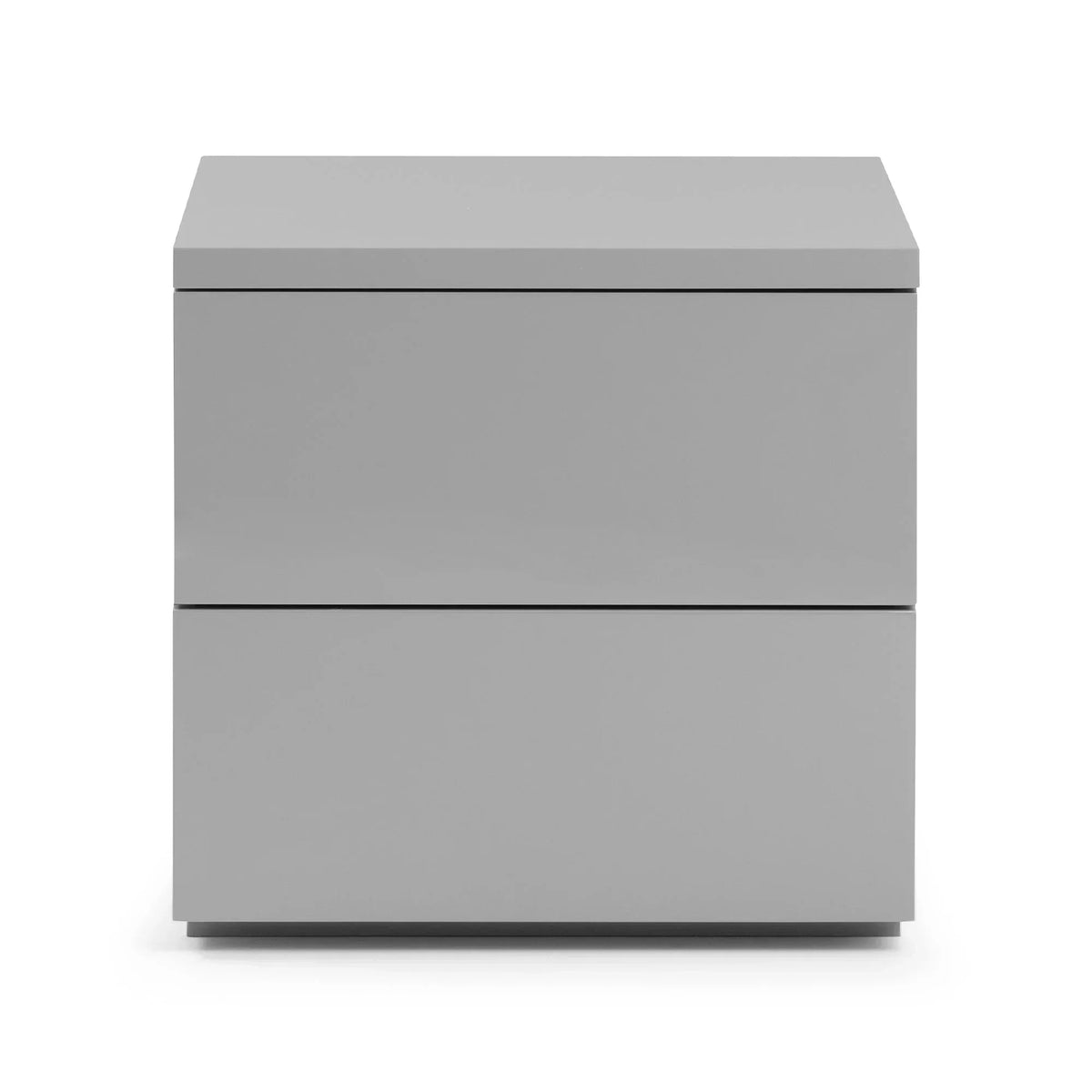 Grey two drawer bedside table with modern flat front design on white background