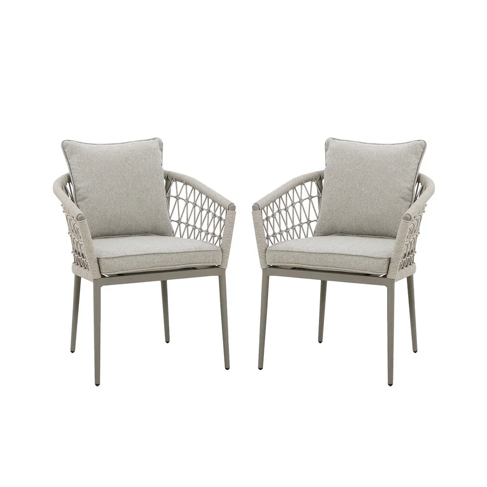 Pair of grey rope dining chairs with cushions and open weave sides on white background