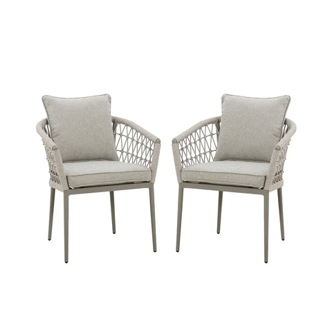 Pair of grey rope dining chairs with cushions and open weave sides on white background