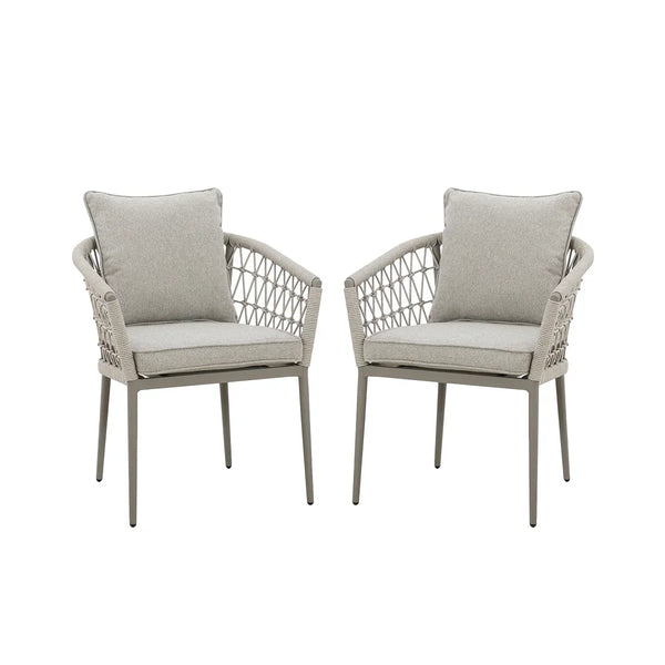 Pair of grey rope dining chairs with cushions and open weave sides on white background