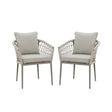 Pair of grey rope dining chairs with cushions and open weave sides on white background