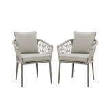 Pair of grey rope dining chairs with cushions and open weave sides on white background