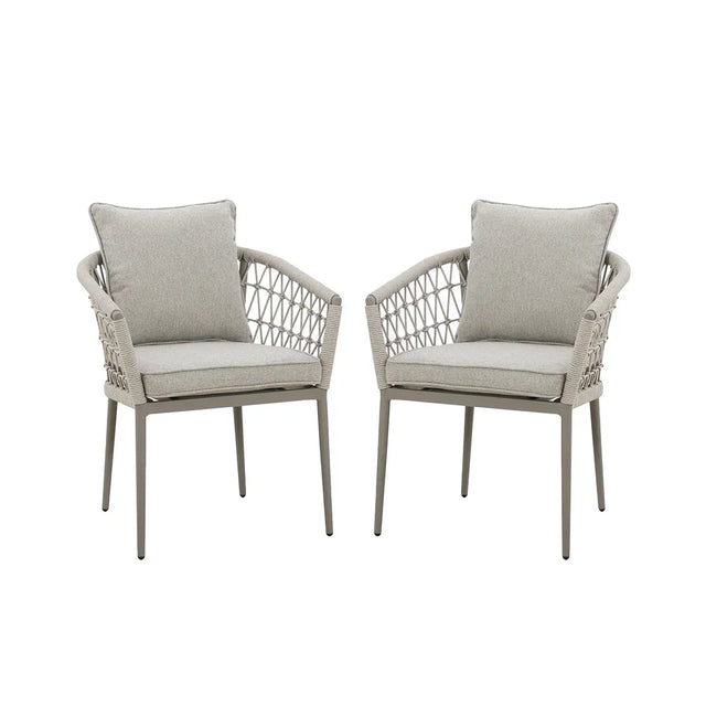 Pair of grey rope dining chairs with cushions and open weave sides on white background
