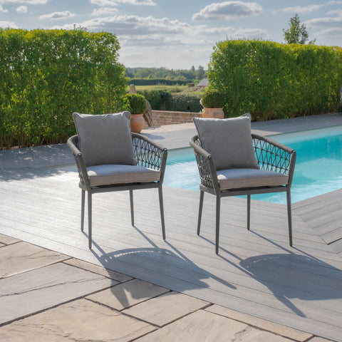 Pair of grey outdoor garden chairs with cushions beside a pool on a patio deck