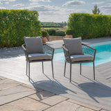 Pair of grey outdoor garden chairs with cushions beside a pool on a patio deck