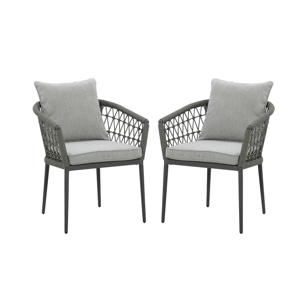 Pair of grey rope outdoor chairs with cushions and black metal frames, front view