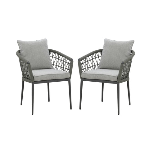 Pair of grey rope outdoor chairs with cushions and black metal frames, front view