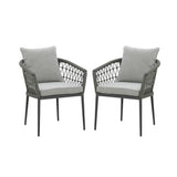 Pair of grey rope outdoor chairs with cushions and black metal frames, front view