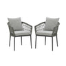 Pair of grey rope outdoor chairs with cushions and black metal frames, front view