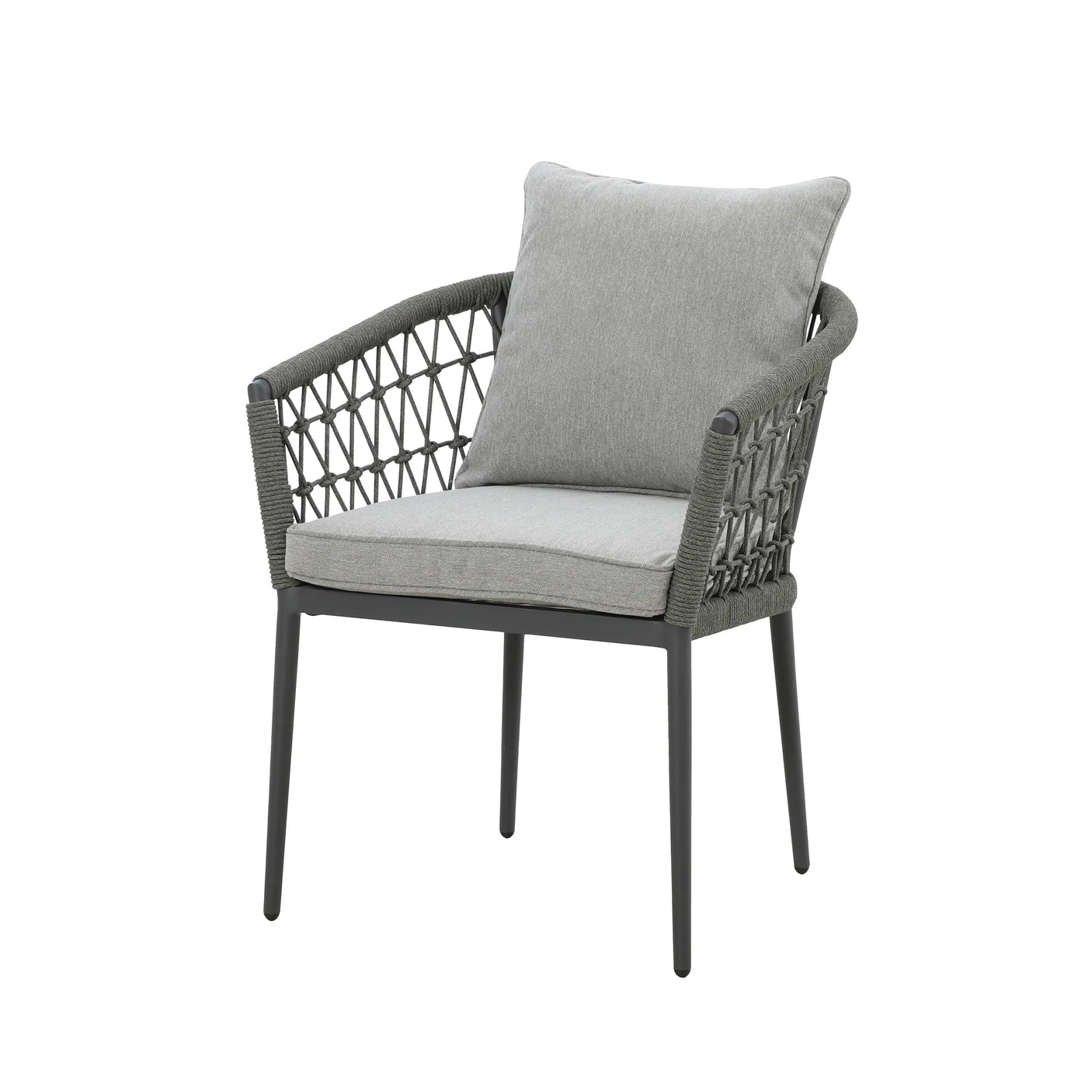 Grey woven garden armchair with soft seat and back cushions on white background