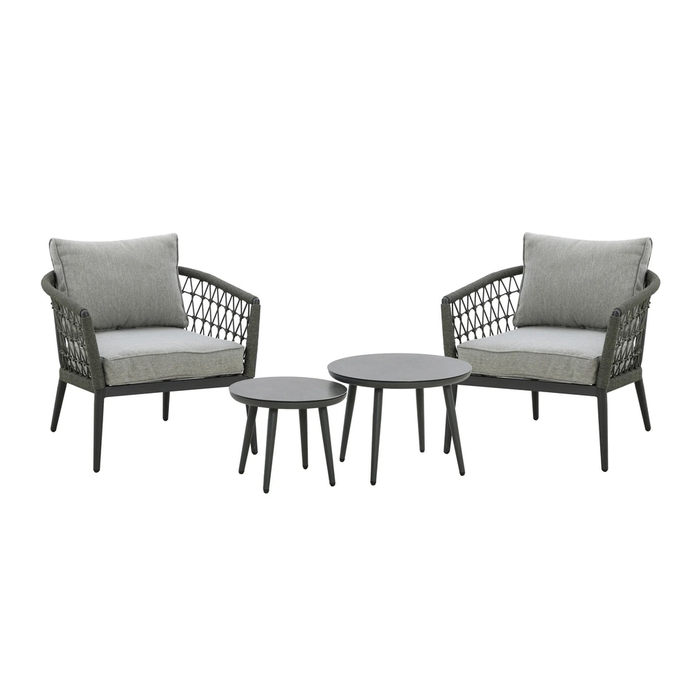 Grey garden lounge set with two armchairs and two round coffee tables, rope-wrapped sides