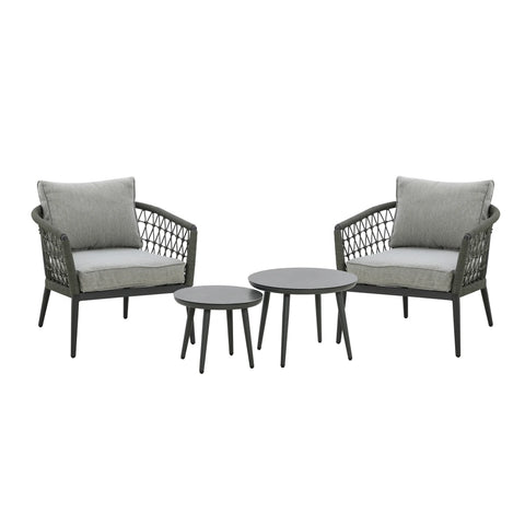Grey garden lounge set with two armchairs and two round coffee tables, rope-wrapped sides