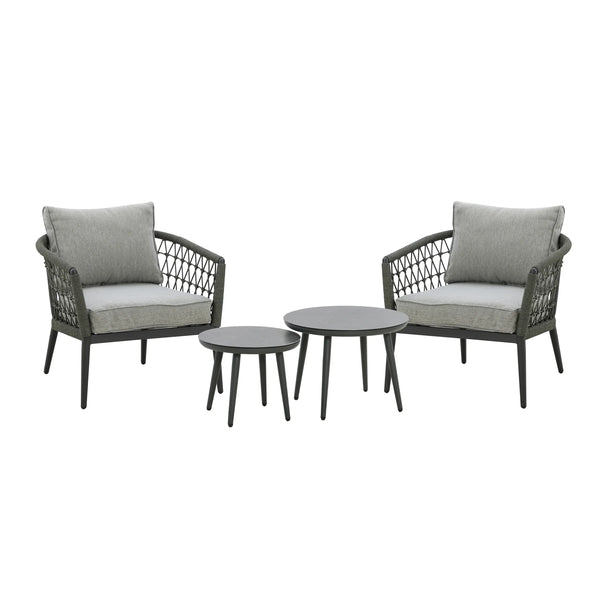 Grey garden lounge set with two armchairs and two round coffee tables, rope-wrapped sides
