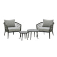 Grey garden lounge set with two armchairs and two round coffee tables, rope-wrapped sides