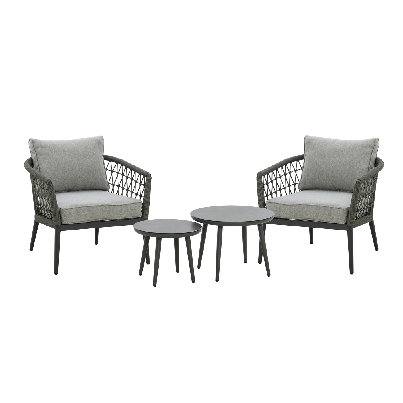 Grey garden lounge set with two armchairs and two round coffee tables, rope-wrapped sides