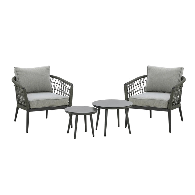 Grey garden lounge set with two armchairs and two round coffee tables, rope-wrapped sides