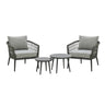 Grey garden lounge set with two armchairs and two round coffee tables, rope-wrapped sides