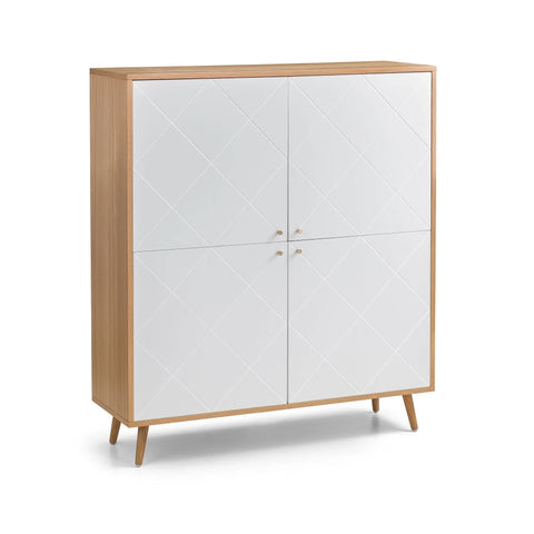 Scandinavian style sideboard with white diamond pattern doors and oak effect frame