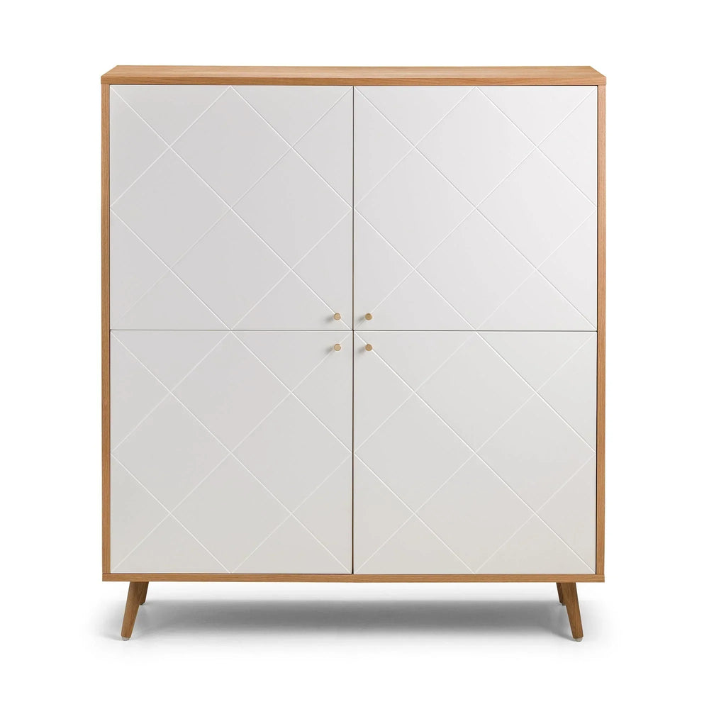 White wood storage cabinet with four doors and oak legs, modern geometric panel design