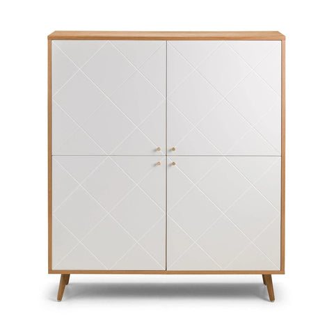 White wood storage cabinet with four doors and oak legs, modern geometric panel design