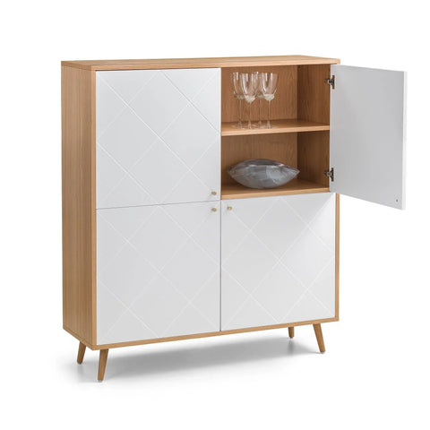 Modern sideboard cabinet with white textured doors, wooden frame, open shelf and glassware