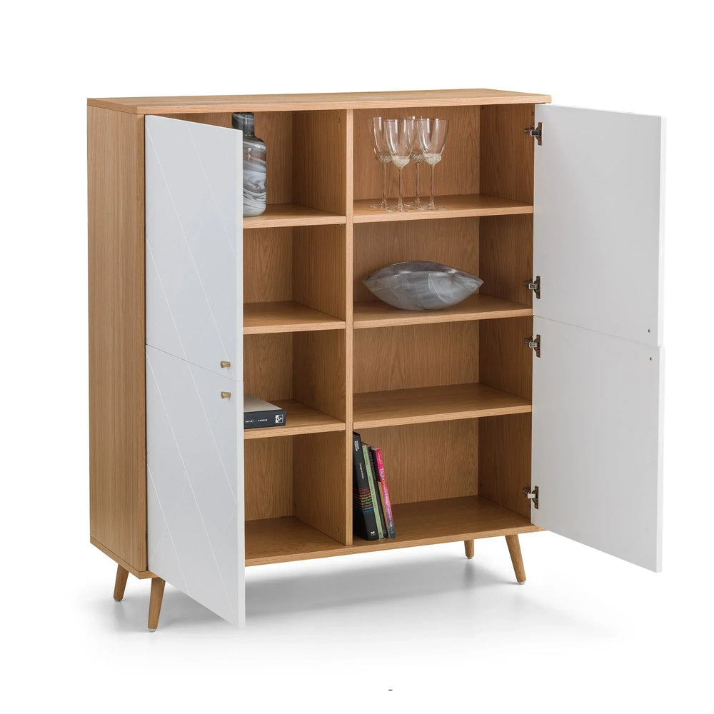Modern wooden storage cabinet with open white doors showing shelves, books, and glassware