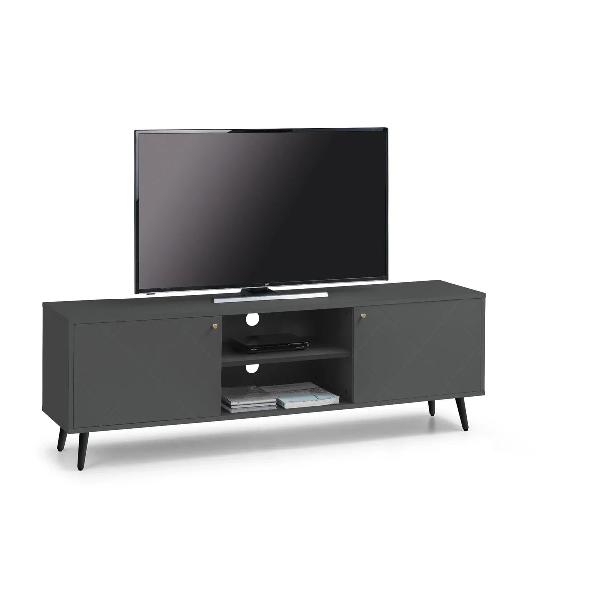 Anthracite TV cabinet with open shelves, side doors, and angled legs, shown with television