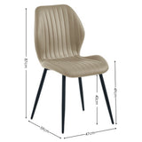 Beige upholstered dining chair with vertical stitching and black metal legs with labeled dimensions on white background.