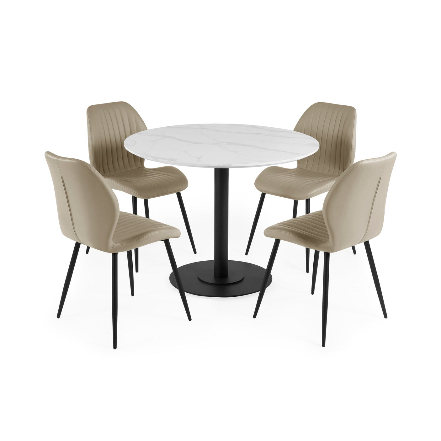 Set of four beige upholstered dining chairs with vertical stitches arranged around a round white table on white background.