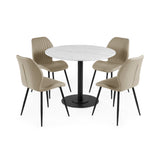 Set of four beige upholstered dining chairs with vertical stitches arranged around a round white table on white background.